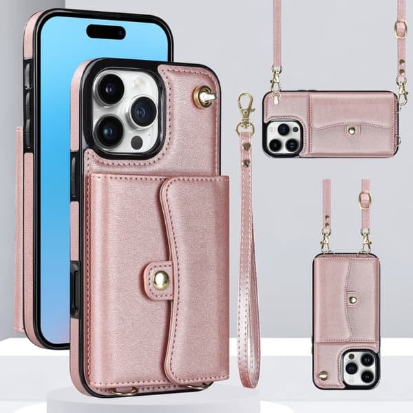 iPhone 16 Pro RFID-kortfack Skal med Lång Lanyard Roséguld