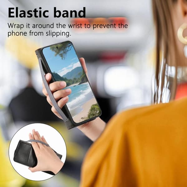 iPhone 18 Pro Max / iPhone 17 Pro Max Skal Läderfodral med Elastisk Handledsrem och Magnetisk Sugkraft Svart