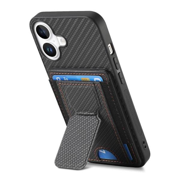 iPhone 17 Skal - Kolfiber med Fällbart Ställ och Elastisk Kortficka Svart