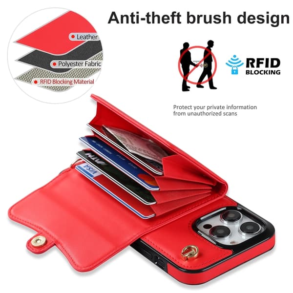 iPhone 16 Pro Max RFID-kortfack Skal med Lång Lanyard Röd
