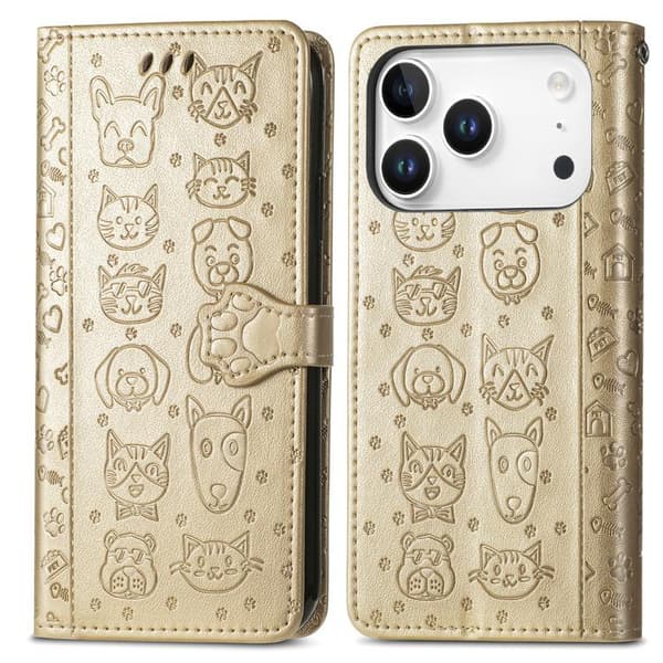 iPhone 18 Pro Max / iPhone 17 Pro Max Skal läderfodral med präglade katter och hundar Guld