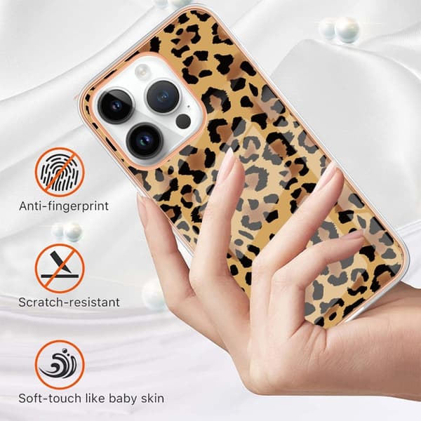 iPhone 16 Pro Max Skal med Elektropläterad Marmor och Dubbel-Sidig IMD Design Leopardmönster