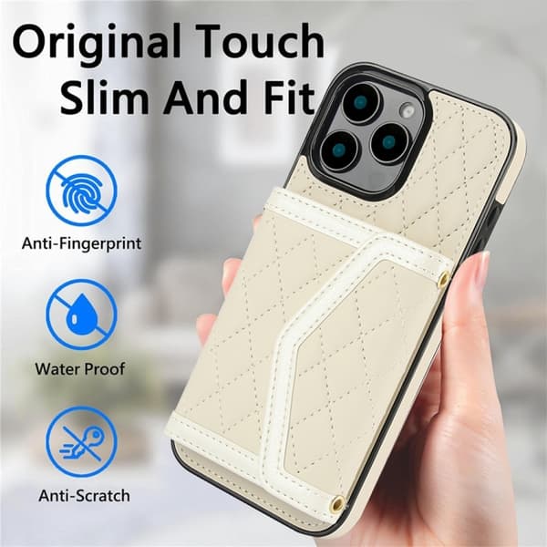 iPhone 16 Pro Max Skal med Splicing Rhombic Textur och Lång Lanyard Beige