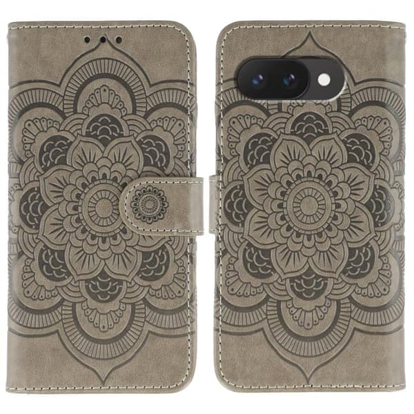 för Pixel 9a Skal med Sol Mandala Prägling Mönster - Elegant Läderfodral Grå