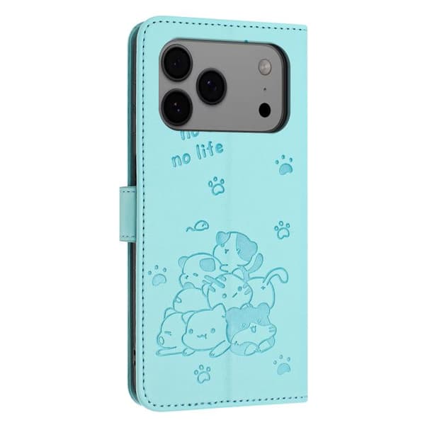 iPhone 18 Pro / iPhone 17 Pro Skal - läder med präglad katt och rem Mintgrön