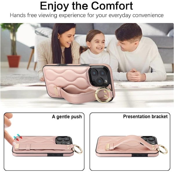 iPhone 16 Pro Skal med Handledsrem - Non-slip Full Coverage PU Skydd Roséguld
