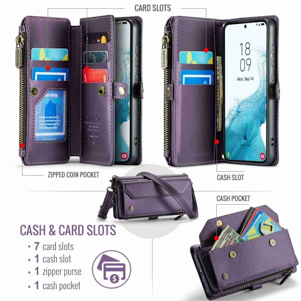Samsung Galaxy S22 5G Skal CaseMe C36 med kortfack, dragkedja, RFID-skydd, läder Purpur