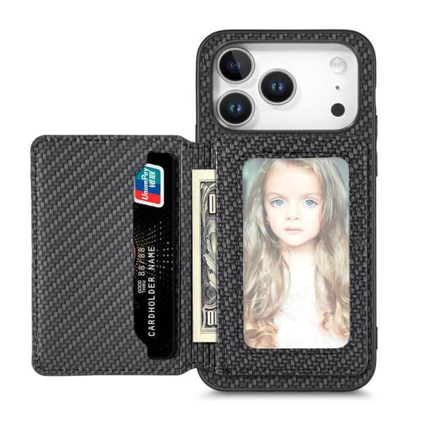 iPhone 18 Pro / iPhone 17 Pro Skal - kolfiber med magnetisk kortplånbok och RFID-skydd Svart