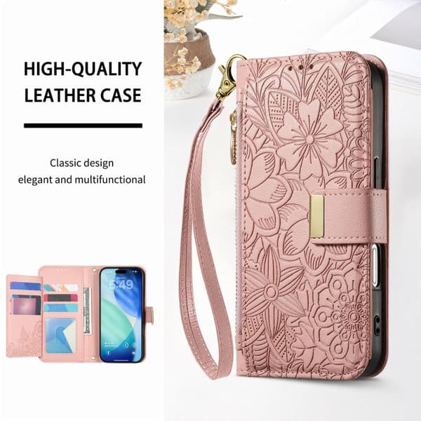 iPhone 18 Pro / iPhone 17 Pro Skal läderfodral med blommor och blad samt rem Rosa