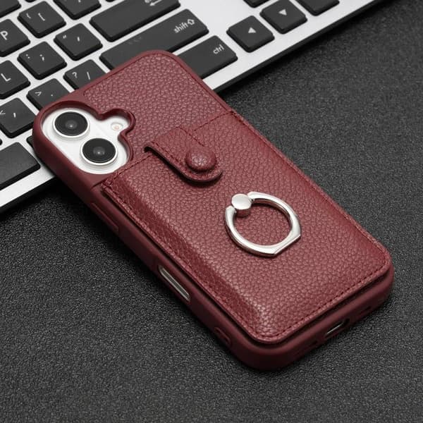 iPhone 17 Skal med Litchi-textur och Ringhållare Vinrött