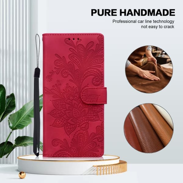 iPhone 16 Pro Max Skal med Blommönster och Magnetisk Spänne PU med Handledsrem Röd