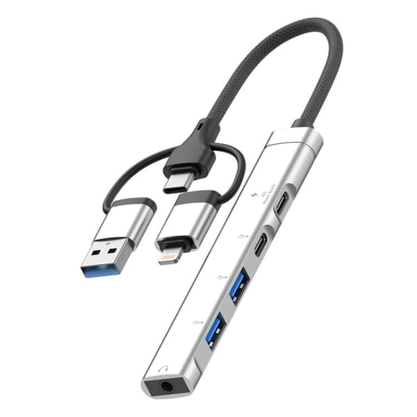 USB / Type-C / 8 Pin till 3.5mm, PD, 2 x USB, Type-C hub Adapter 5 i 1 Dockningsstation (Silver)
