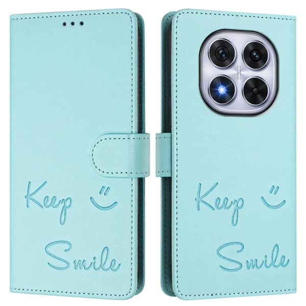 Redmi Note 14 Pro 4G - RFID Läderfodral med Smile Embossing Mintgrön