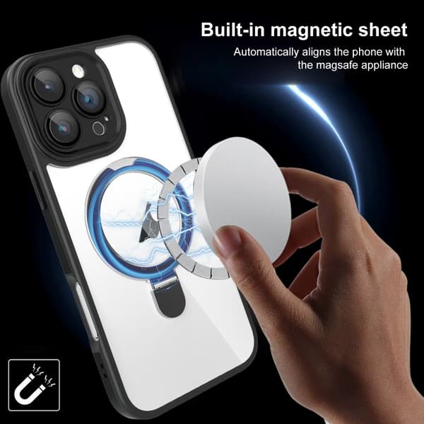 iPhone 16 Pro Max Skal med Full Coverage Linsskydd och MagSafe Hållare - Transparent Design Grå och vit