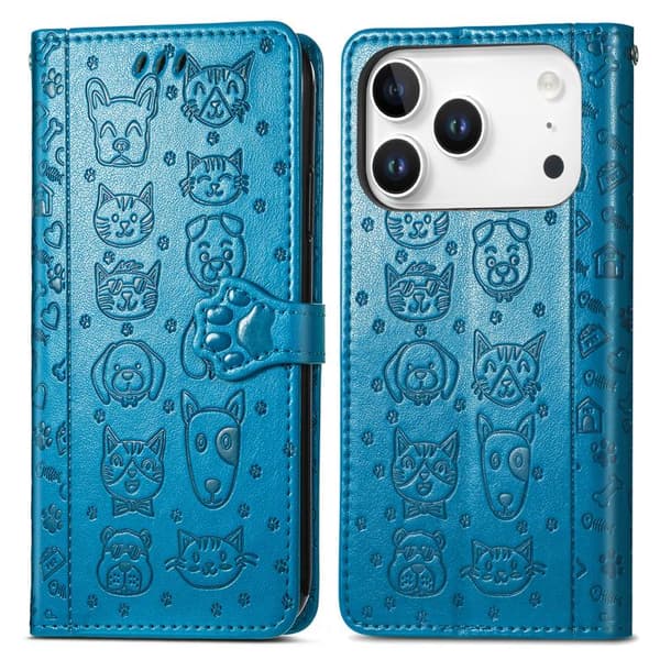 iPhone 18 Pro Max / iPhone 17 Pro Max Skal läderfodral med präglade katter och hundar Blå