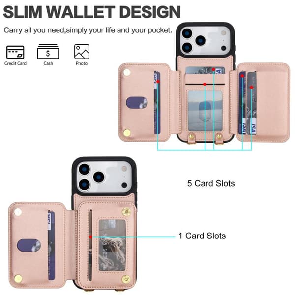 iPhone 18 Pro Max / iPhone 17 Pro Max Skal med Zipper och Dubbel Lanyard Roséguld