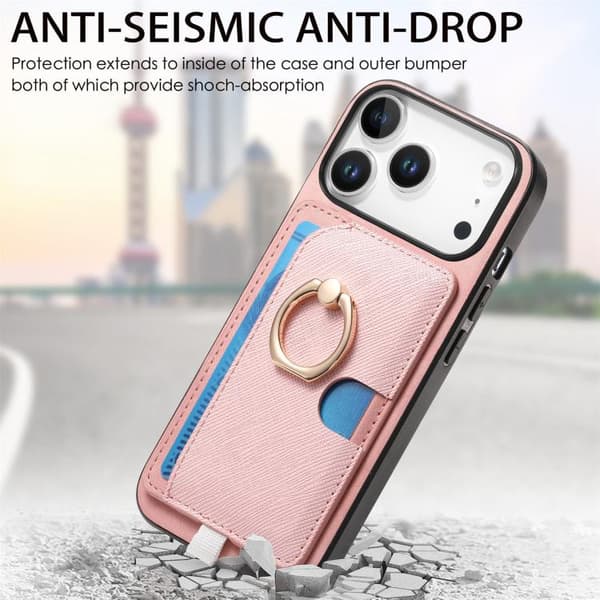 iPhone 18 Pro / iPhone 17 Pro Skal - Retro Korsläder med Ring och Sidofack för Kort, MagSafe Rosa