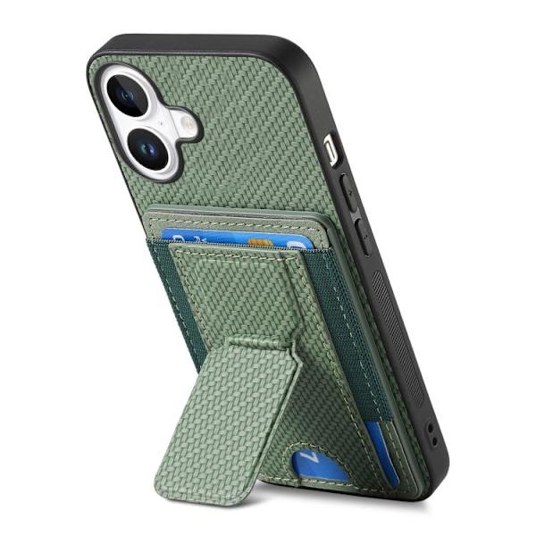 iPhone 17 Skal - Kolfiber med Fällbart Ställ och Elastisk Kortficka Grön