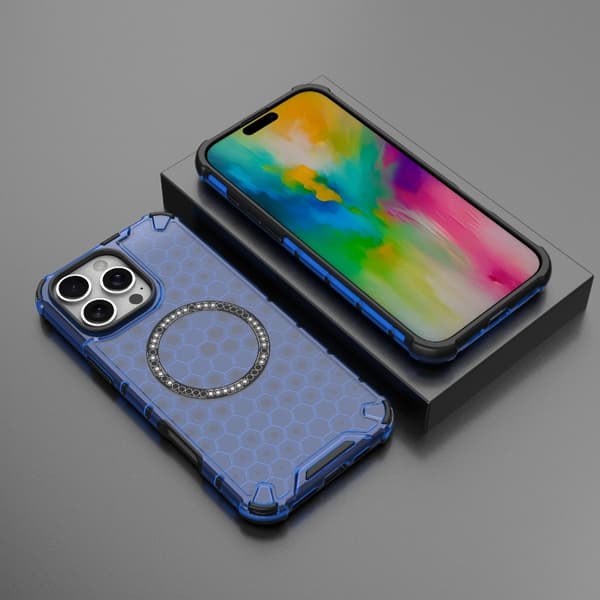 iPhone 16 Pro Honeycomb Magnetisk Ring Stötsäker Skal Blå