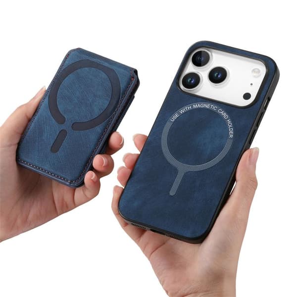 iPhone 17 Pro Max Skal läderfodral med retro delbart magnetiskt stativ och kortfack Blå