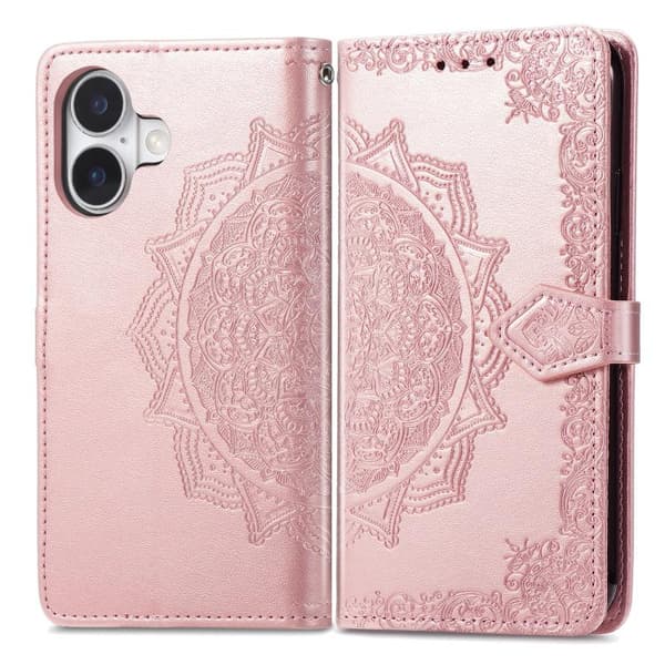 iPhone 17 Skal Läderfodral med Mandala Blomma Prägling Roséguld