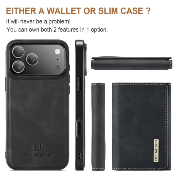 iPhone 17 Pro Max Skal läderfodral DG.MING M1 Series 3-Fold Multi Card Wallet Svart