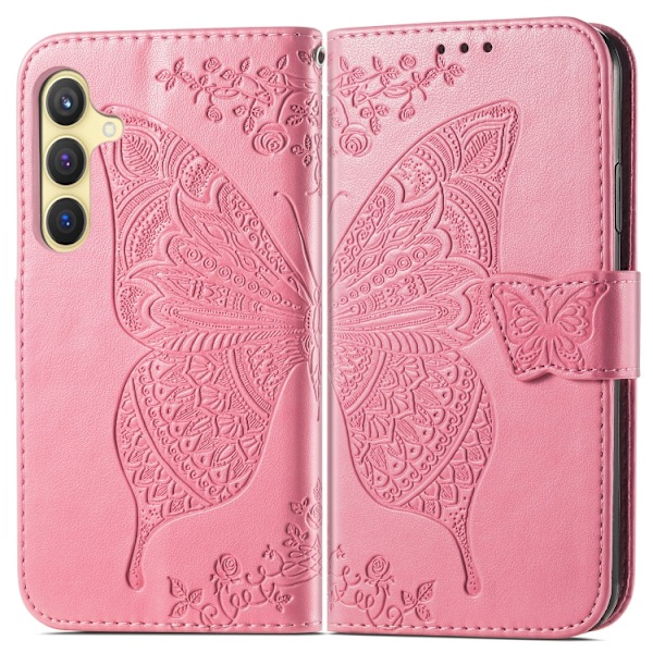 Samsung Galaxy S24 5G Skal med Prägling av Fjäril och Blommor Rosa