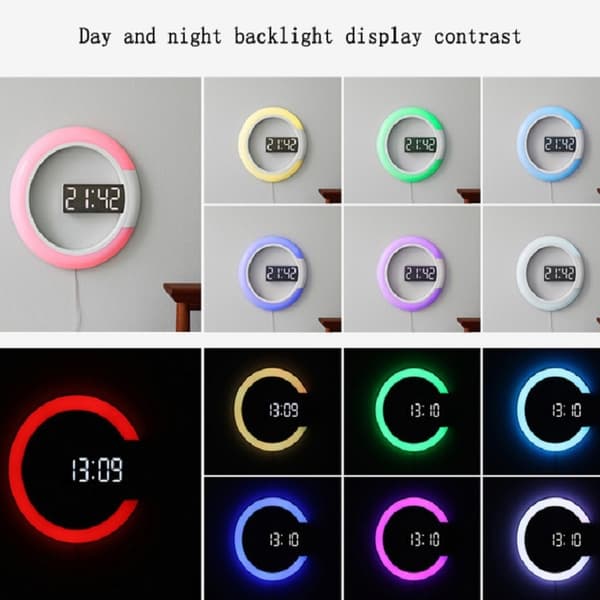 LED-spegel ihålig väggklocka 7-färgsomkopplare elektronisk digital display väggklocka (vit)