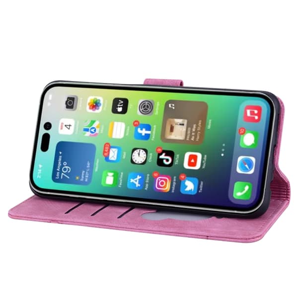 iPhone 16 Pro Max Skal Läder med Prägling av Söt Sakura Katt Rosröd