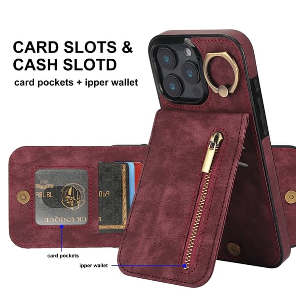 iPhone 16 Pro Retro Ring och Zipper RFID Kortfack Skal Vinrött