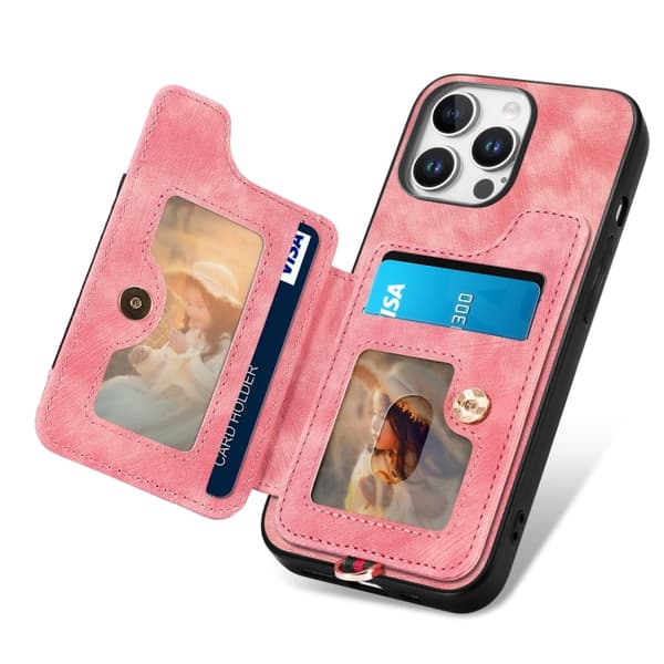 iPhone 16 Pro Retro Skinnkänsla Ring Multi-kort Plånboks Skal Rosa
