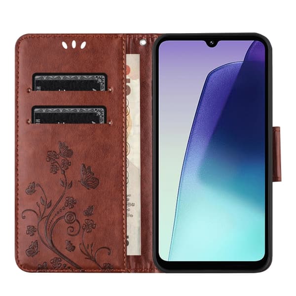 Redmi Note 14 Pro+ 5G - Flip Läderfodral med Fjäril Blommönster Brun