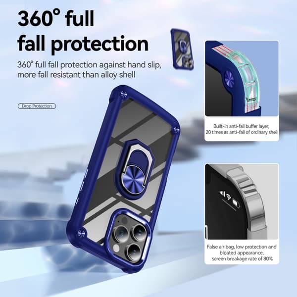 iPhone 16 Pro Skal med TPU + PC Linsskydd och Ringhållare Blå