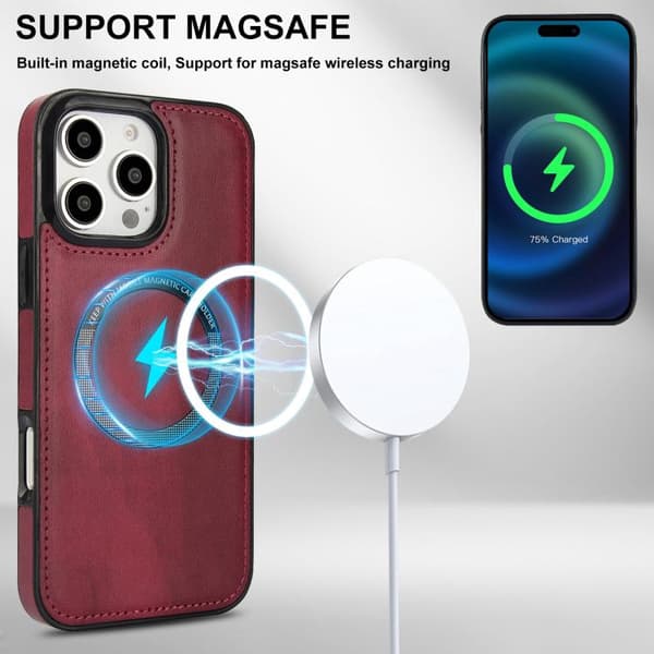 iPhone 16 Pro Max Zipper Wallet Split MagSafe Läder Fodral Skal Röd