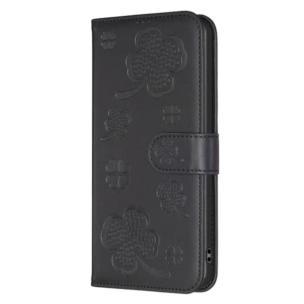 Redmi Note 14 4G - Fyrbladig Pr präglad Läderfodral Svart