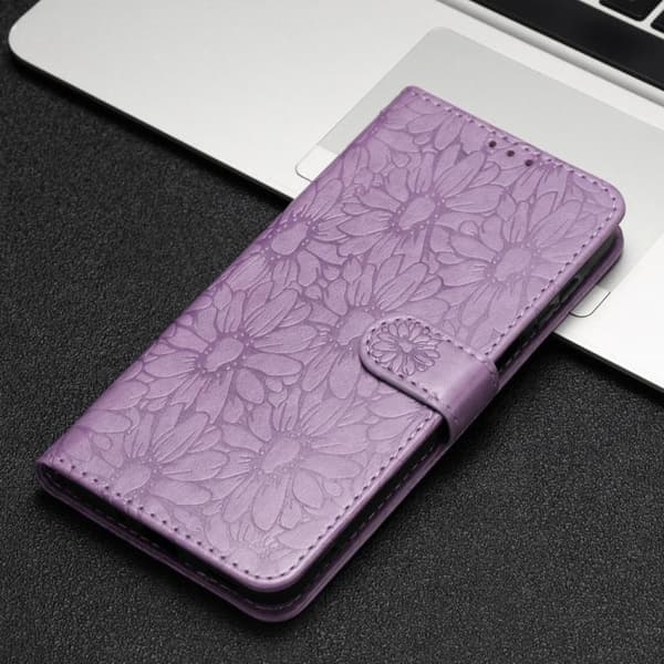 iPhone 18 Pro Max / iPhone 17 Pro Max Skal Läderfodral med Daisy Prägling Ljuslila