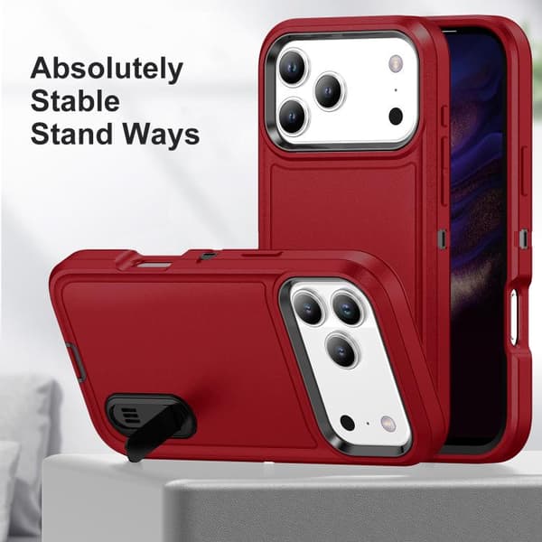 iPhone 17 Pro Skal - Rugged PC + Silikonfodral med Hållare Röd + Svart