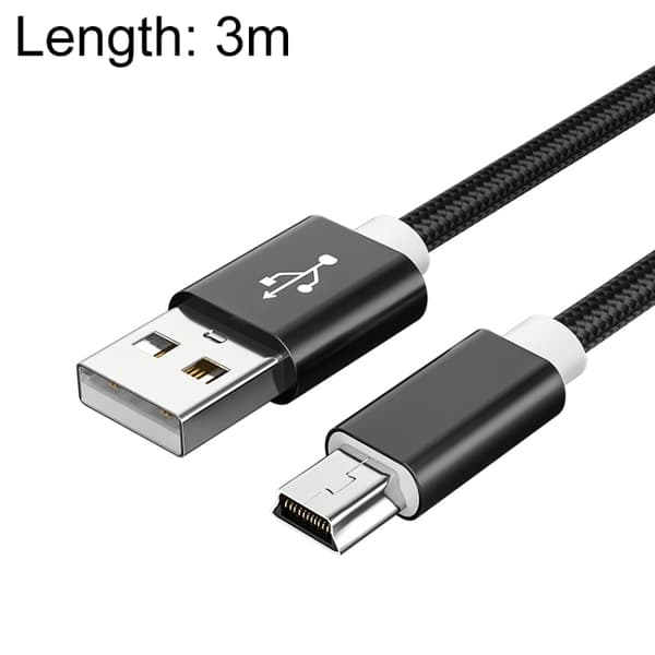 5 st Mini USB till USB A vävd data-/laddningskabel för MP3, kamera, bil DVR, längd: 3 m Svart
