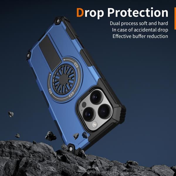 iPhone 16 Pro Shockproof Kickstand Metallic Shaft MagSafe Skal Blå