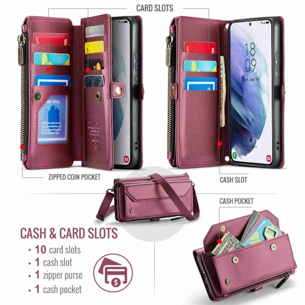 Samsung Galaxy S21+ 5G Skal CaseMe C36 med kortfack, dragkedja, RFID-skydd, läder Vinrött
