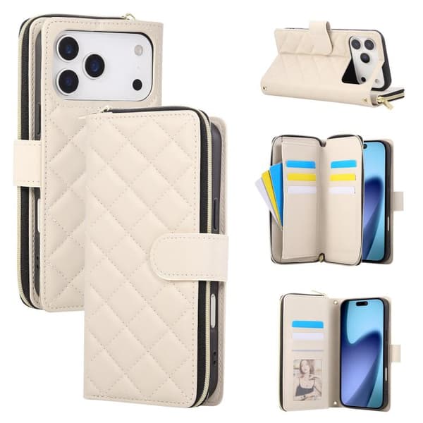 iPhone 18 Pro Max / iPhone 17 Pro Max Skal läderfodral med korsband, rombisk dragkedja och spänne Beige