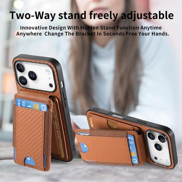 iPhone 18 Pro Max / iPhone 17 Pro Max Skal - Kolfiber med Vertikal Flip och Ställfunktion Brun