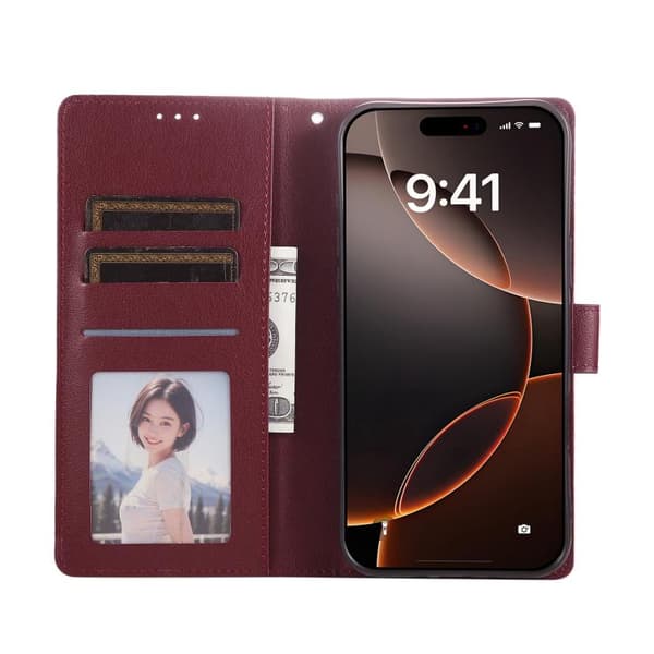iPhone 18 Pro Max / iPhone 17 Pro Max Skal Läderfodral med 3 Kortfack och Multifunktion Vinrött