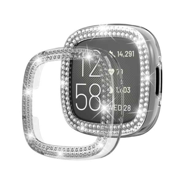 För Fitbit Versa 4 Double-Row Diamond enfärgad galvanisering case watch Transparent
