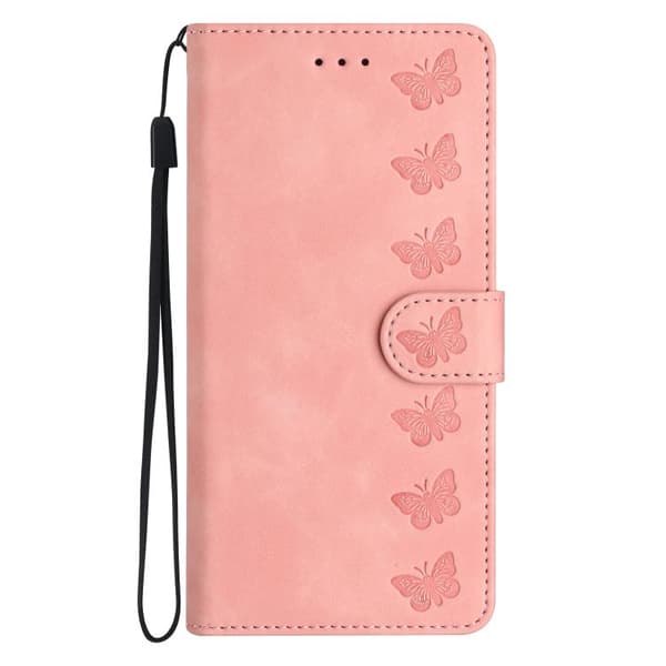 iPhone 18 Pro Max / iPhone 17 Pro Max Skal Läderfodral med Sju Präglingar av Fjärilar Rosa