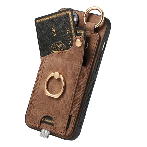 iPhone 16 Pro Max Retro Skin-feel Ring Card Bag Skal med Hängslinga Brun