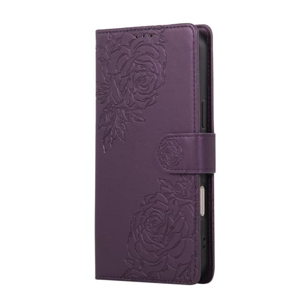 iPhone 18 Pro Max / iPhone 17 Pro Max Skal läderfodral med rosblomma och 3 kortfack Djup lila