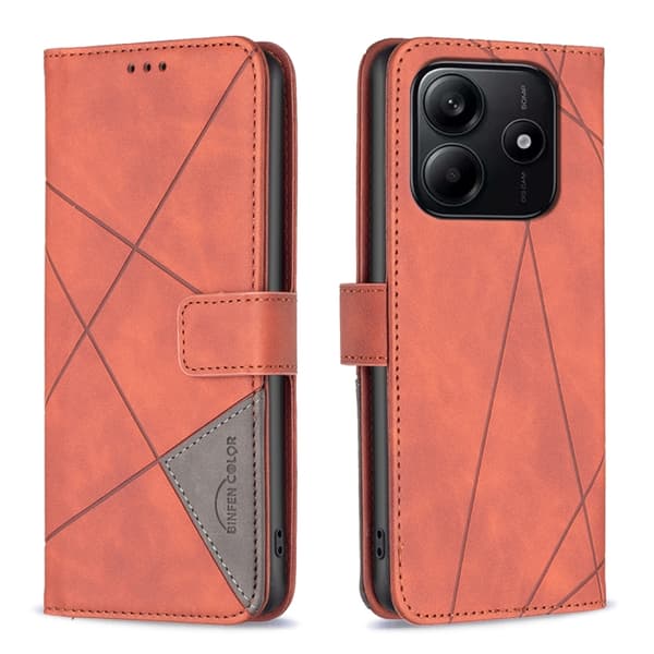 Redmi Note 14 5G - Magnetisk Spänne med Rhombus Textur Läderfodral Brun