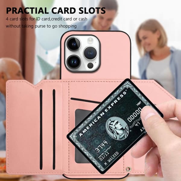 iPhone 16 Pro Skal med Fyra Kortfack och Handledsrem Rosa