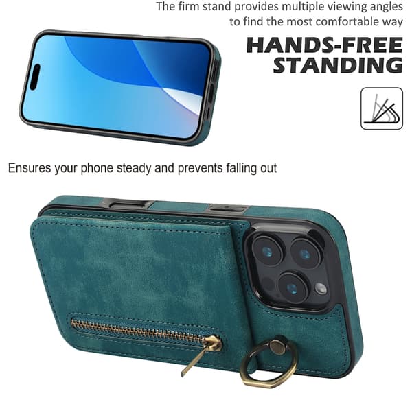 iPhone 16 Pro Max Retro Ring och Zipper RFID Kortfack Skal Blå